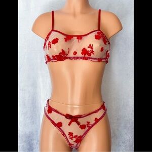 Red & White, Floral, Sheer, Lingerie Set